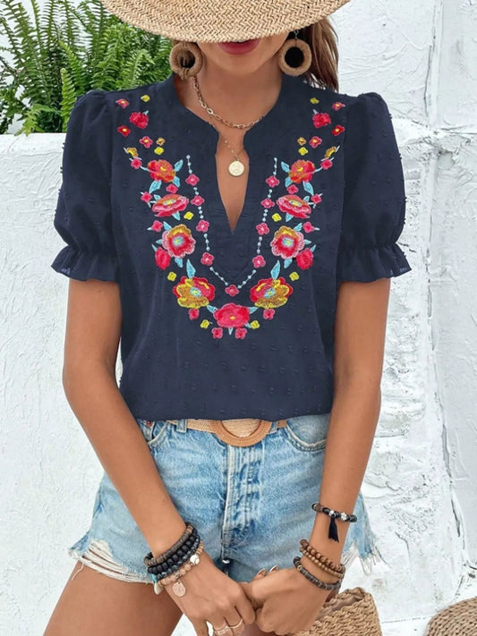 Klea - Blusa Donna Maniche Sbuffo Ricamo Floreale Elegante