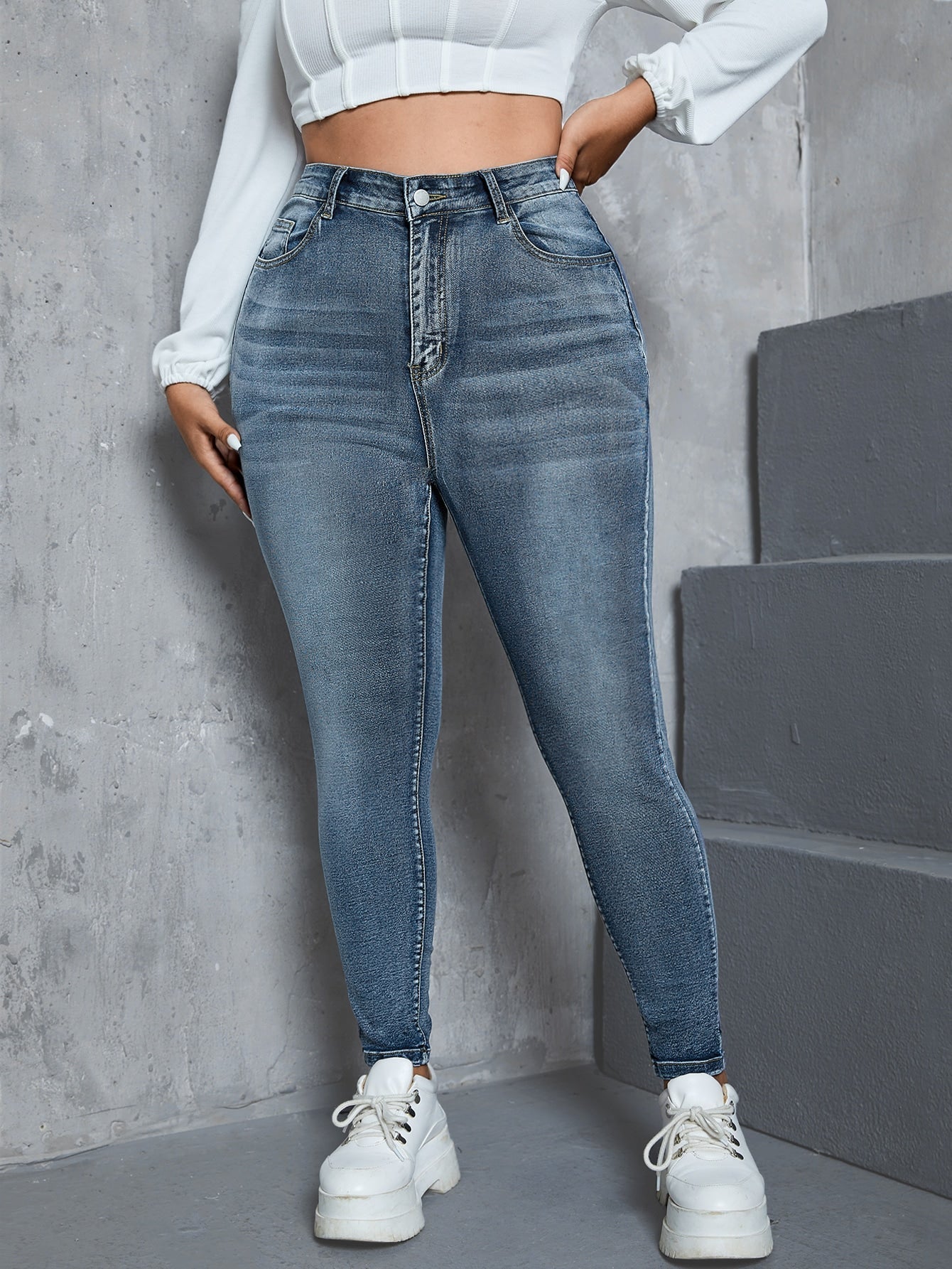 Gemma - Jeans Skinny Vita Alta Bottone Taglie Forti Donna