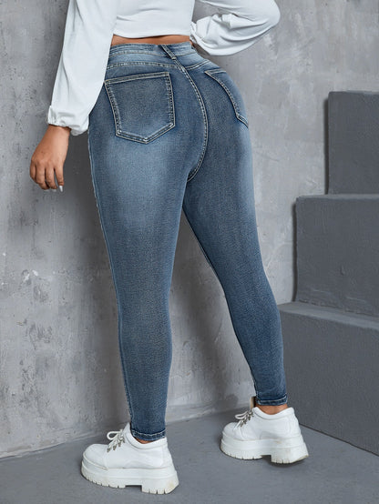 Gemma - Jeans Skinny Vita Alta Bottone Taglie Forti Donna