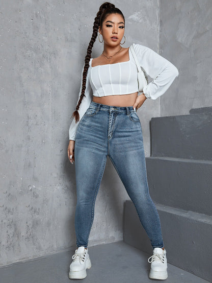 Gemma - Jeans Skinny Vita Alta Bottone Taglie Forti Donna