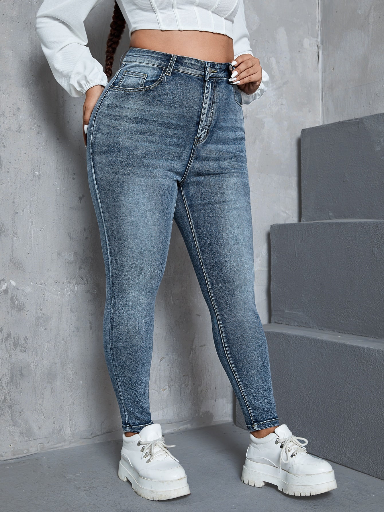 Gemma - Jeans Skinny Vita Alta Bottone Taglie Forti Donna