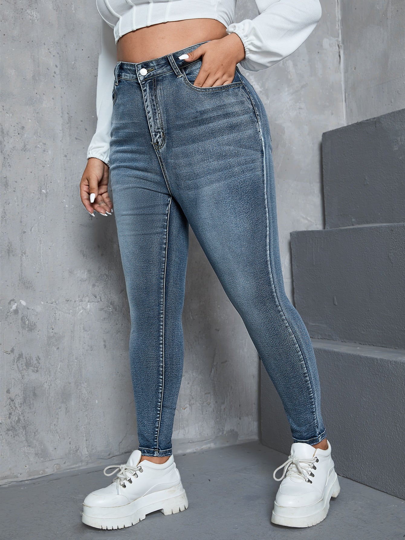 Gemma - Jeans Skinny Vita Alta Bottone Taglie Forti Donna