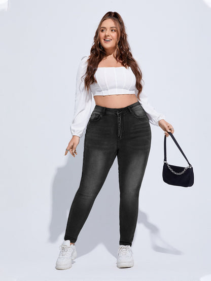 Gemma - Jeans Skinny Vita Alta Bottone Taglie Forti Donna