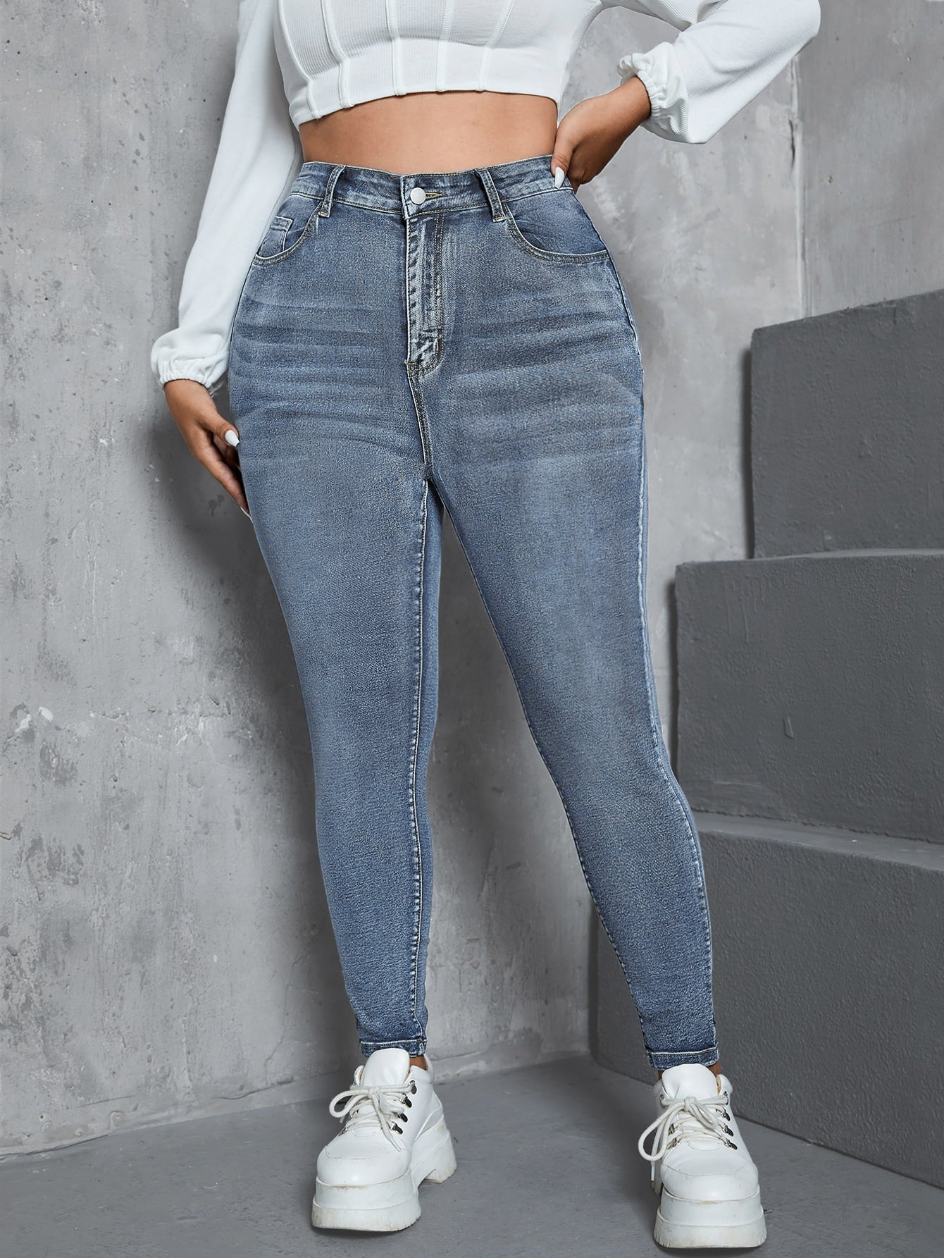 Gemma - Jeans Skinny Vita Alta Bottone Taglie Forti Donna