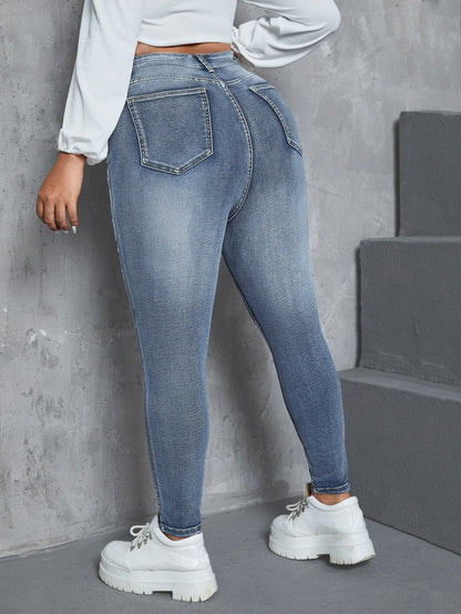 Gemma - Jeans Skinny Vita Alta Bottone Taglie Forti Donna