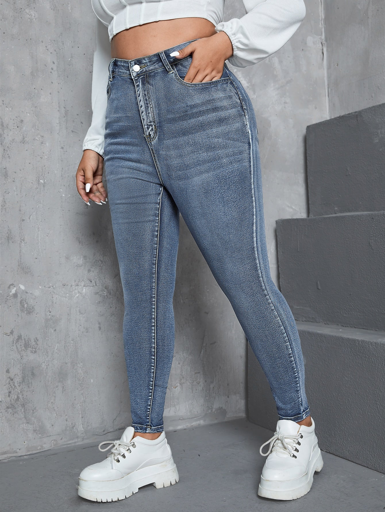 Gemma - Jeans Skinny Vita Alta Bottone Taglie Forti Donna
