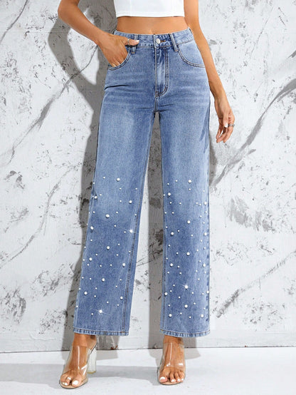 Emilia - Jeans Gamba Dritta con Perle Donna