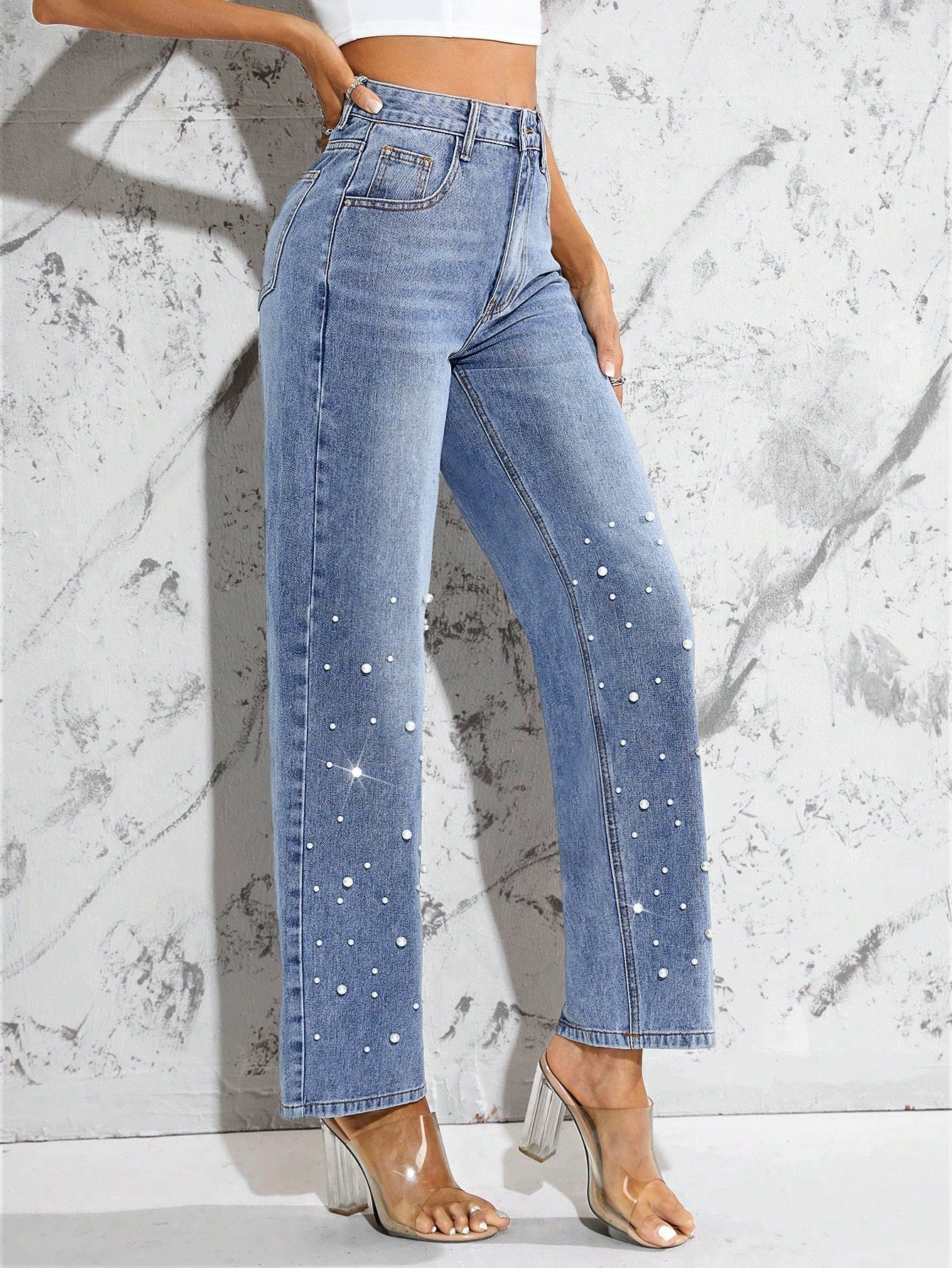 Emilia - Jeans Gamba Dritta con Perle Donna
