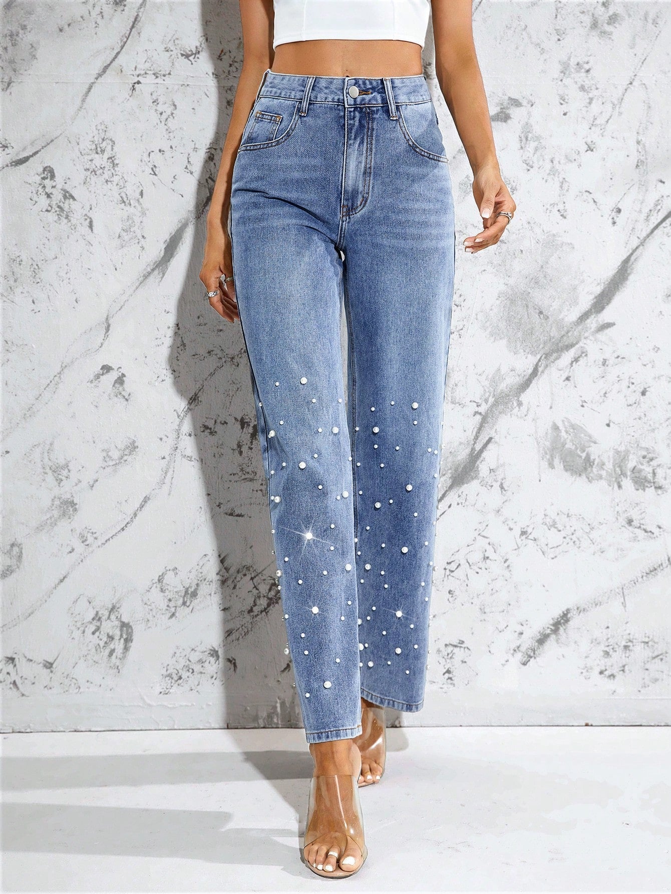 Emilia - Jeans Gamba Dritta con Perle Donna