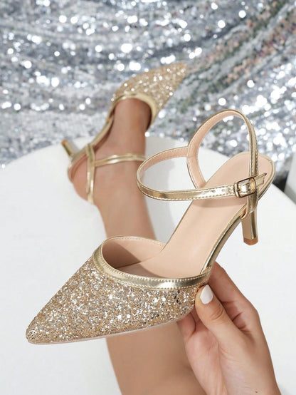 Hilda - Scarpa Tacco Alto Punta Aperta Glitter Dorata