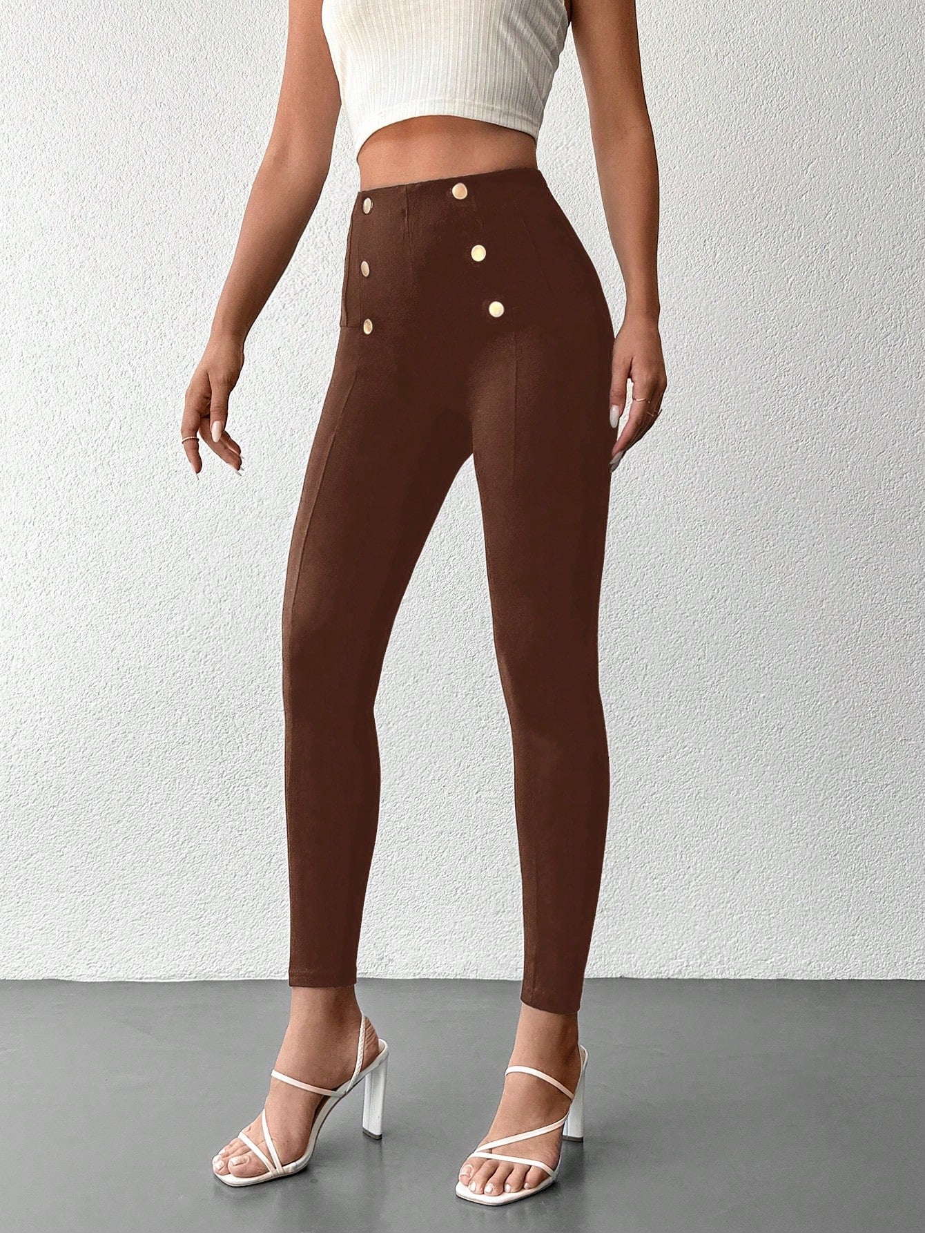 Desideria - Pantaloni Aderenti Vita Alta Bottone Donna