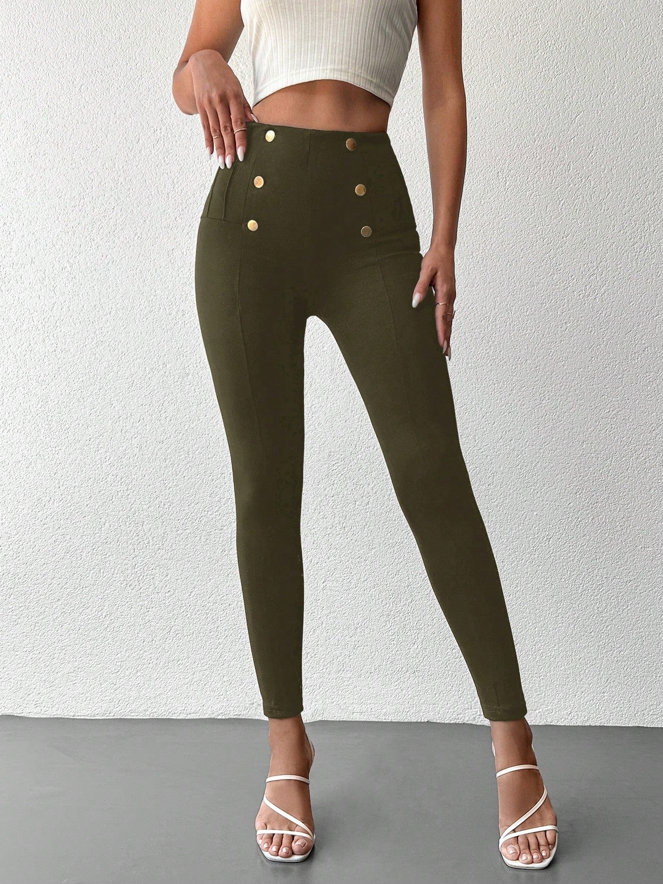 Desideria - Pantaloni Aderenti Vita Alta Bottone Donna