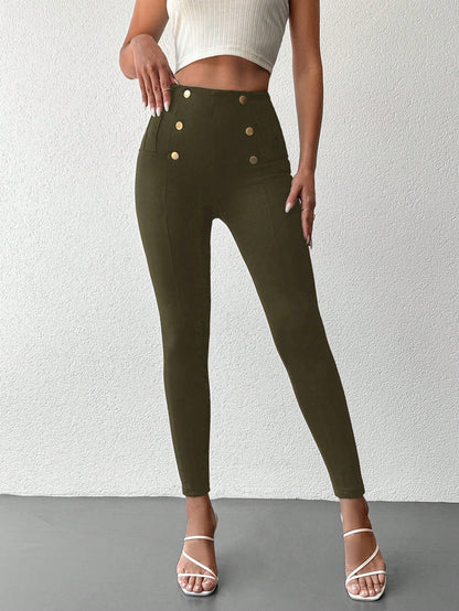 Desideria - Pantaloni Aderenti Vita Alta Bottone Donna