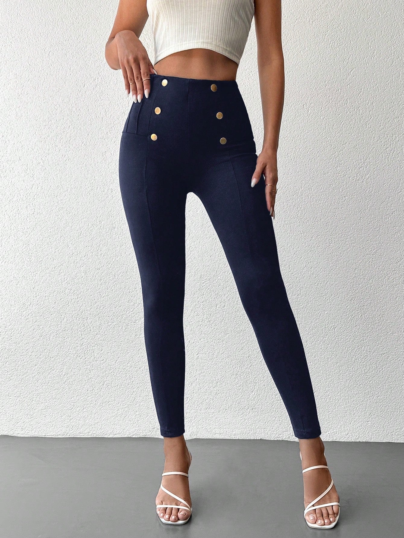 Desideria - Pantaloni Aderenti Vita Alta Bottone Donna