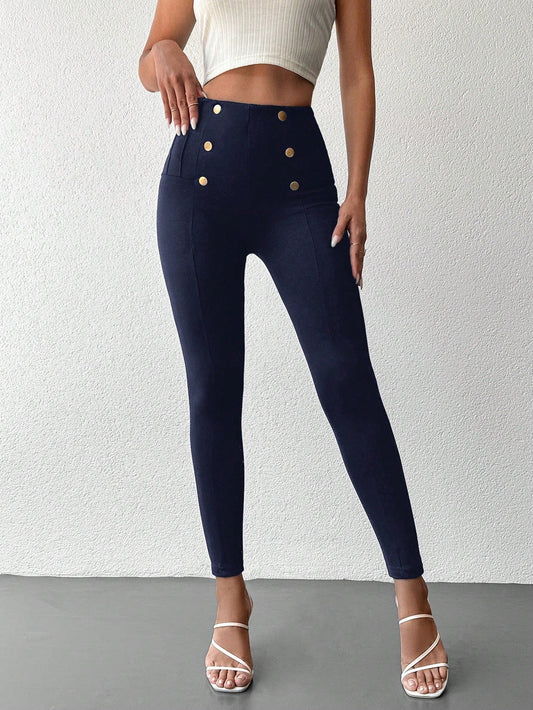 Desideria - Pantaloni Aderenti Vita Alta Bottone Donna