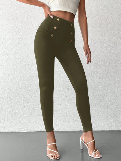 Desideria - Pantaloni Aderenti Vita Alta Bottone Donna