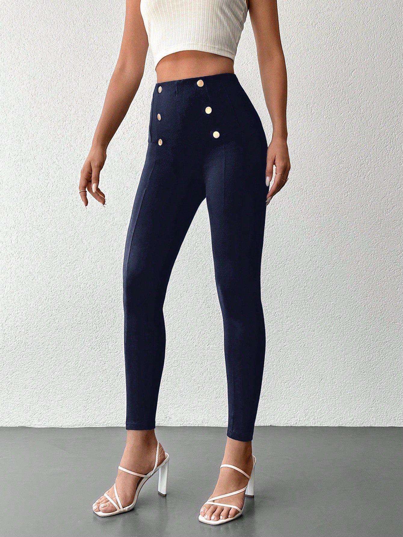 Desideria - Pantaloni Aderenti Vita Alta Bottone Donna