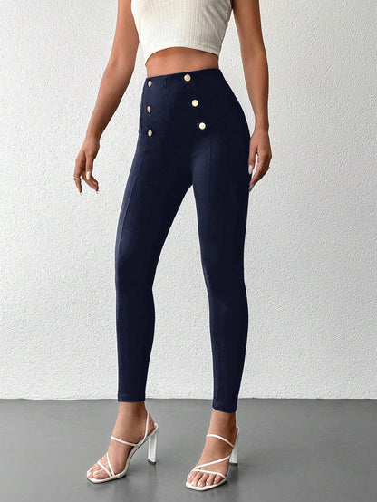 Desideria - Pantaloni Aderenti Vita Alta Bottone Donna
