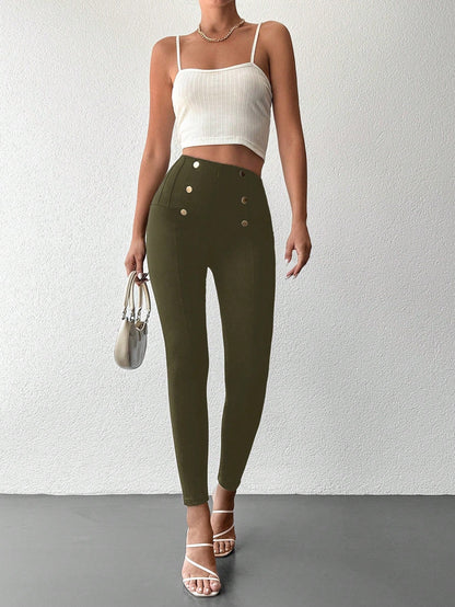 Desideria - Pantaloni Aderenti Vita Alta Bottone Donna