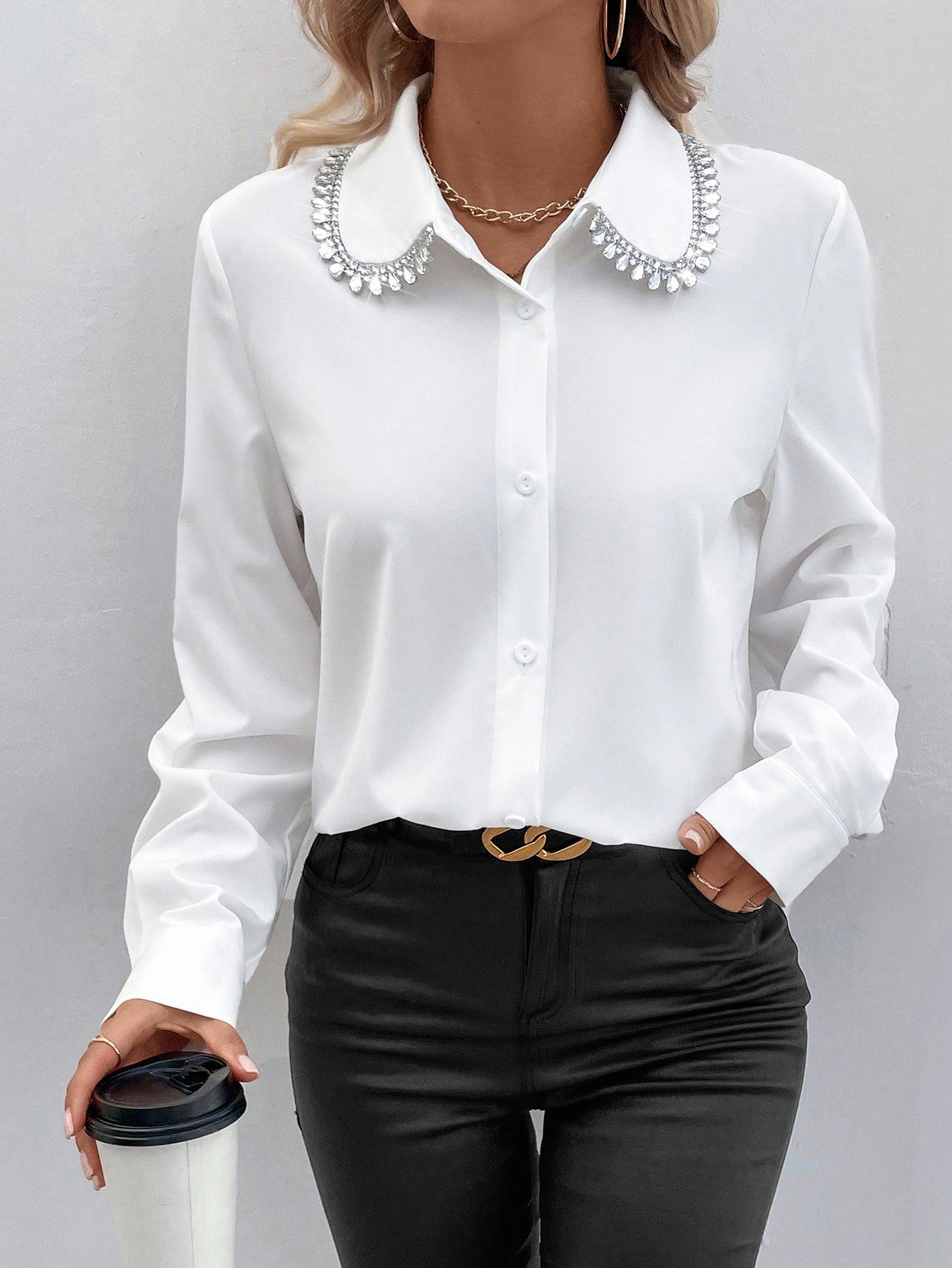 Isolde - Camicia Tinta Unita Decorazioni Strass Donna