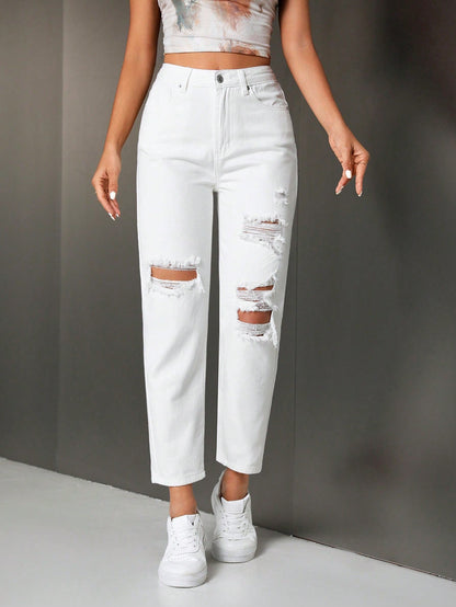 Enza - Jeans Casual Strappati Dritti Donna