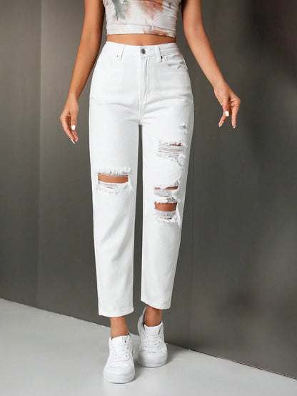 Enza - Jeans Casual Strappati Dritti Donna