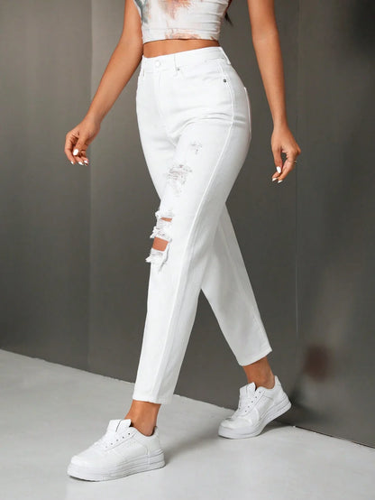 Enza - Jeans Casual Strappati Dritti Donna