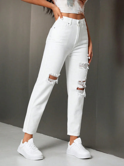 Enza - Jeans Casual Strappati Dritti Donna