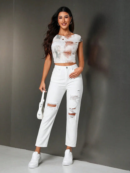 Enza - Jeans Casual Strappati Dritti Donna