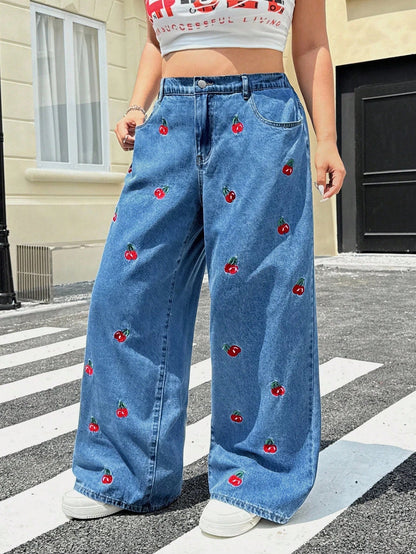 Giuseppina - Jeans Vita Alta Larghi Ricamo Taglie Comode