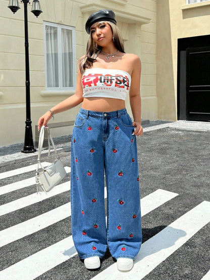 Giuseppina - Jeans Vita Alta Larghi Ricamo Taglie Comode