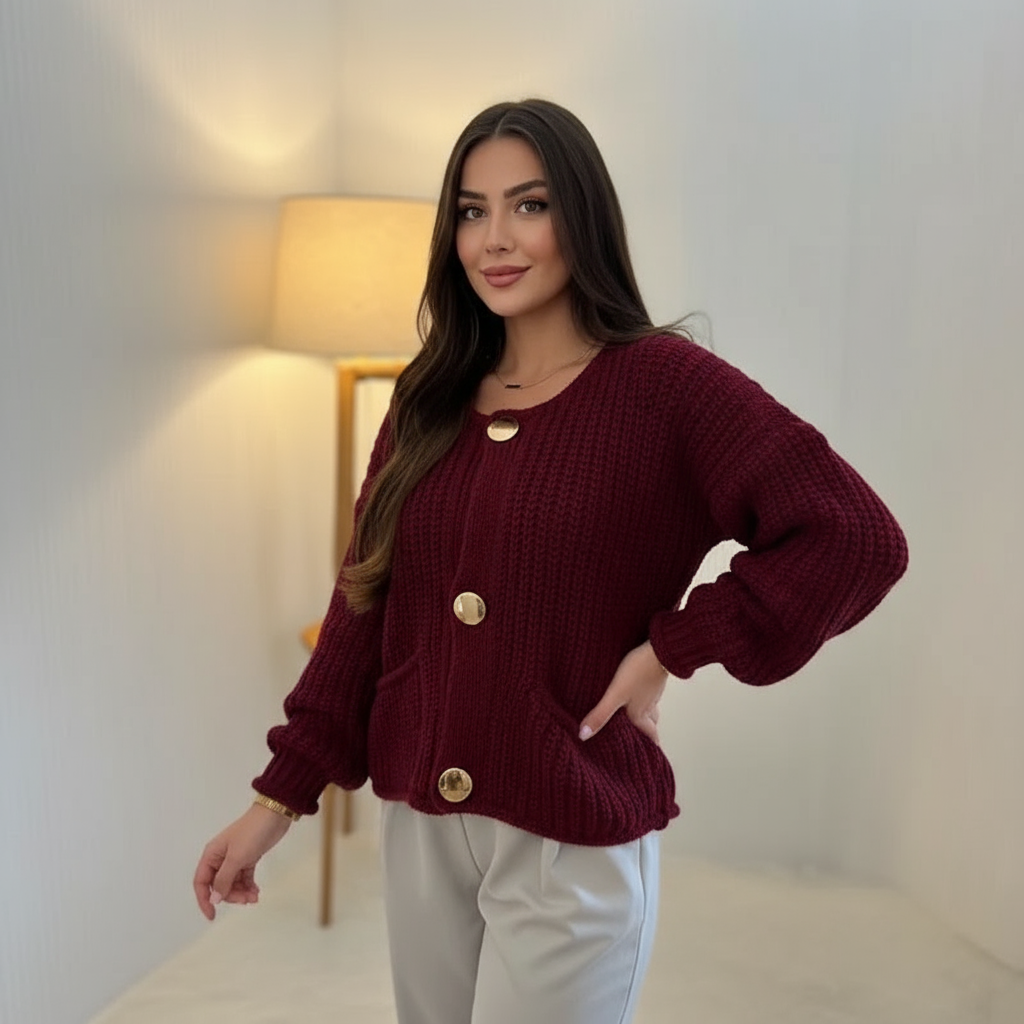 Lara – Cardigan in Maglia Grossa Bordeaux con Bottoni