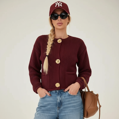 Lara – Cardigan in Maglia Grossa Bordeaux con Bottoni