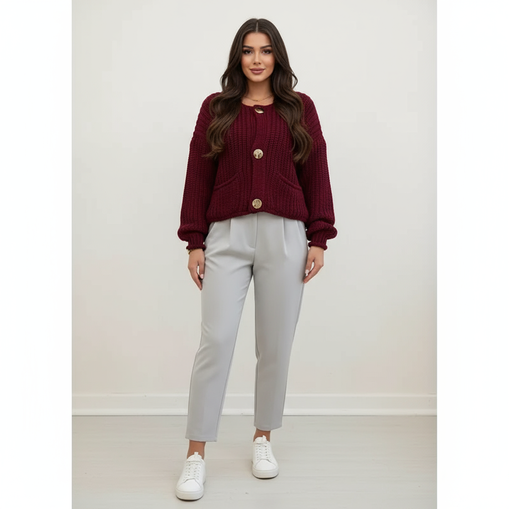 Lara – Cardigan in Maglia Grossa Bordeaux con Bottoni
