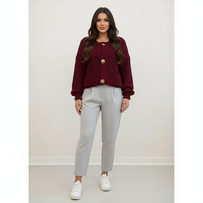 Lara – Cardigan in Maglia Grossa Bordeaux con Bottoni