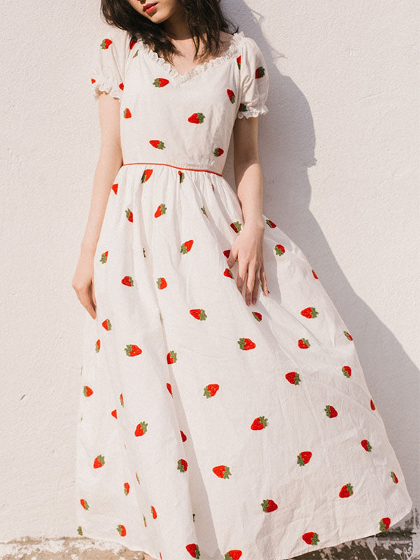 Miriam – Abito Vintage in Cotone con Ricamo Fragole e Maniche a Palloncino