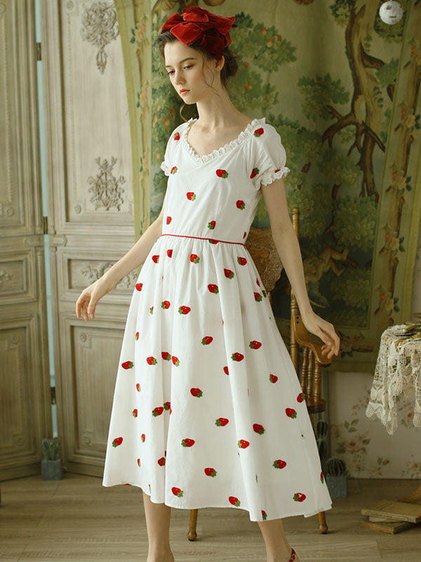 Miriam – Abito Vintage in Cotone con Ricamo Fragole e Maniche a Palloncino