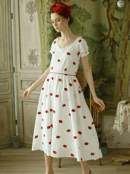 Miriam – Abito Vintage in Cotone con Ricamo Fragole e Maniche a Palloncino
