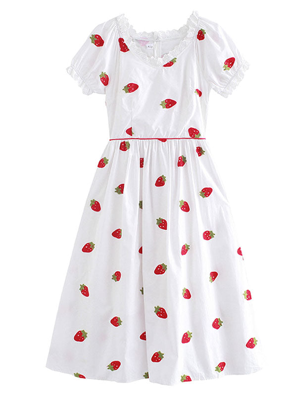 Miriam – Abito Vintage in Cotone con Ricamo Fragole e Maniche a Palloncino