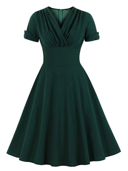 Melissa – Abito Vintage Verde Scuro Scollo a V Maniche Corte