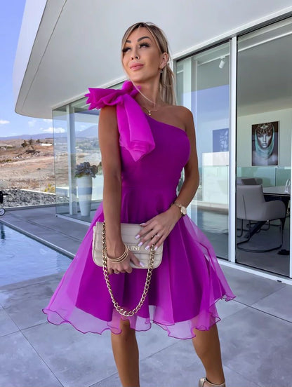 Giorgia - Abito Corto Monospalla Fiocco Tulle Plissettato Donna