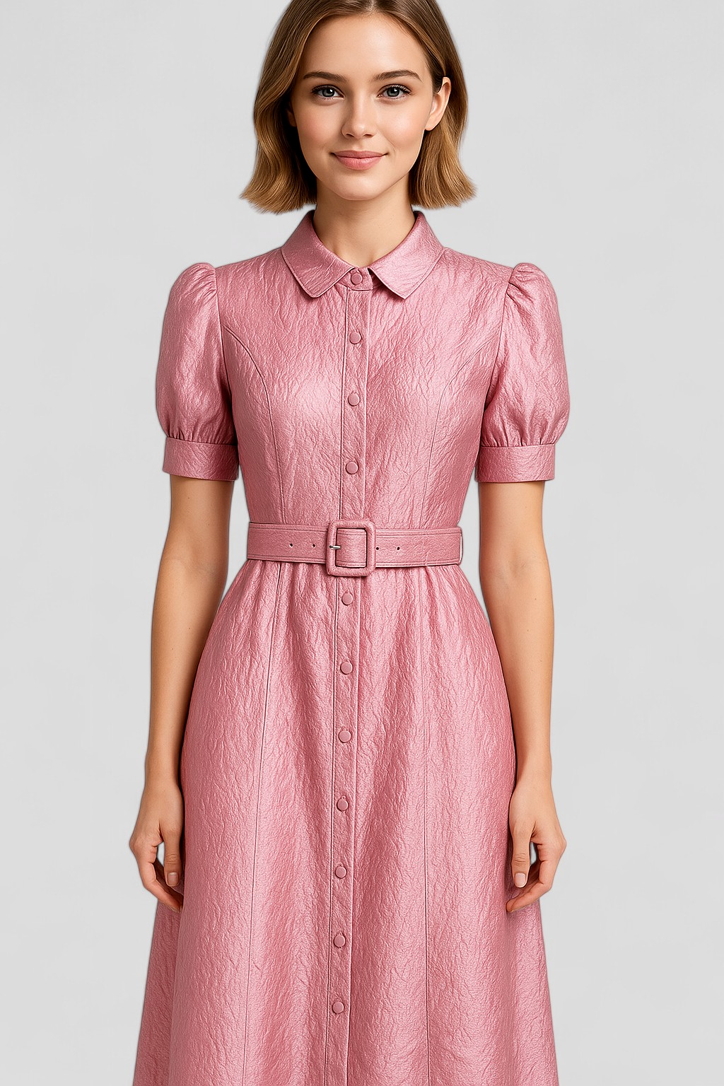 Imelda - Abito camicia lungo rosa in jacquard con fiori e cintura coordinata