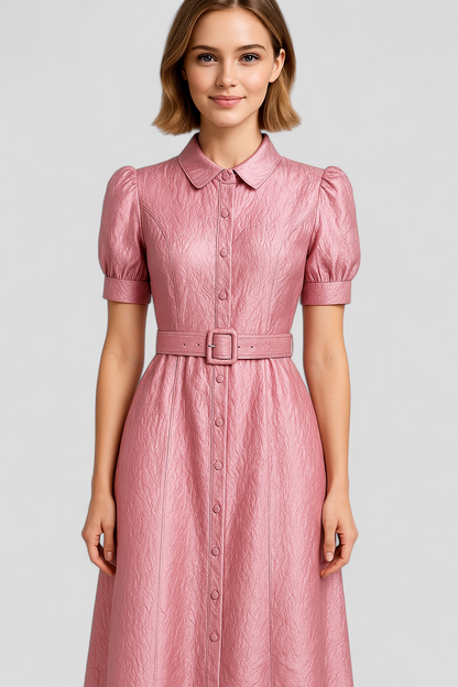 Imelda - Abito camicia lungo rosa in jacquard con fiori e cintura coordinata