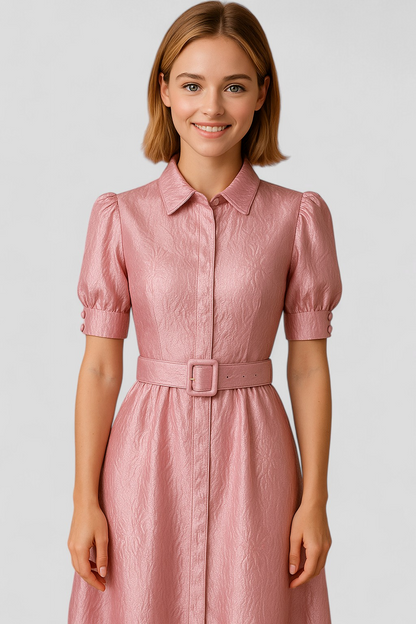 Imelda - Abito camicia lungo rosa in jacquard con fiori e cintura coordinata