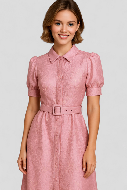 Imelda - Abito camicia lungo rosa in jacquard con fiori e cintura coordinata