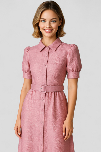 Imelda - Abito camicia lungo rosa in jacquard con fiori e cintura coordinata