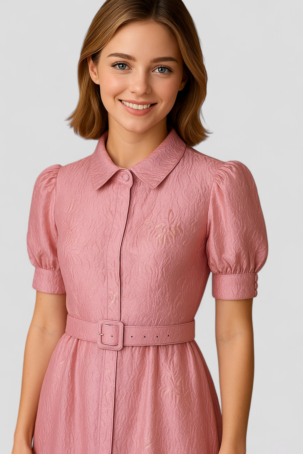Imelda - Abito camicia lungo rosa in jacquard con fiori e cintura coordinata