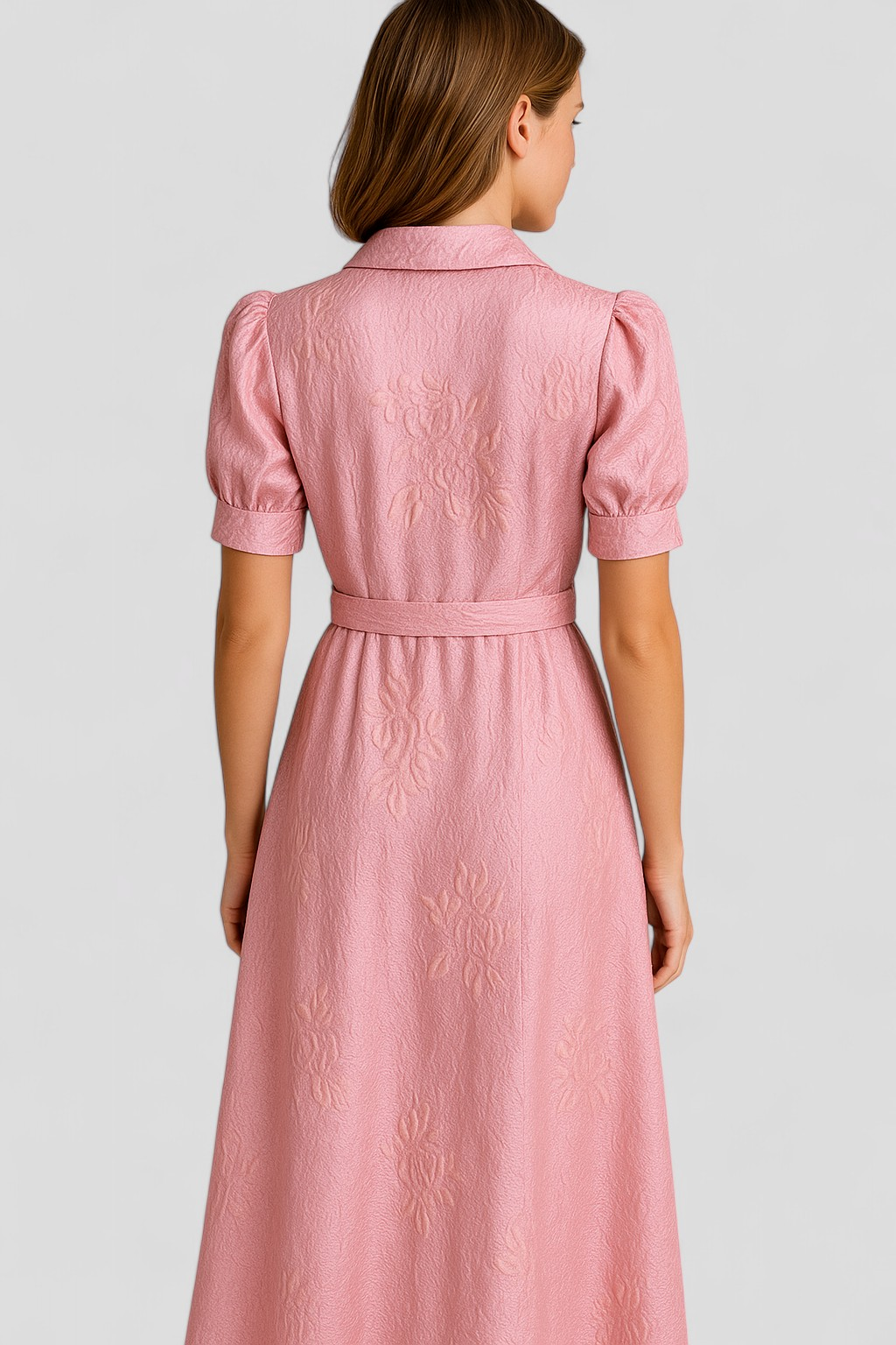 Imelda - Abito camicia lungo rosa in jacquard con fiori e cintura coordinata