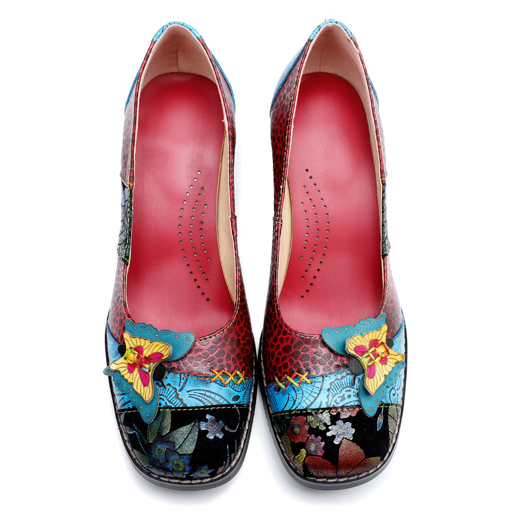 Rima - Retro Applique Chunky Heel Pumps