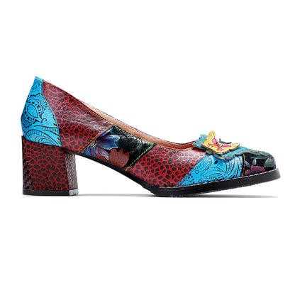Rima - Retro Applique Chunky Heel Pumps